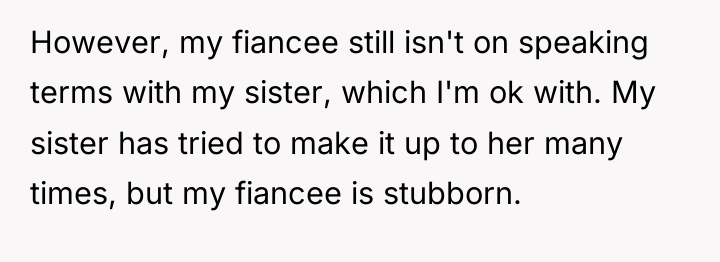 However, my fiancee still isn't on speaking terms with my...