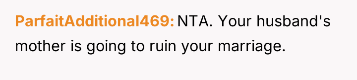 ParfaitAdditional469 NTA. Your husband's mother is going to ruin your...