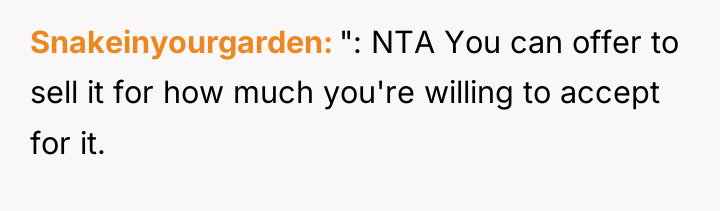 Snakeinyourgarden ": NTA You can offer to sell it for...