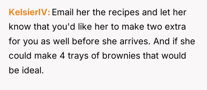KelsierIV Email her the recipes and let her know that...