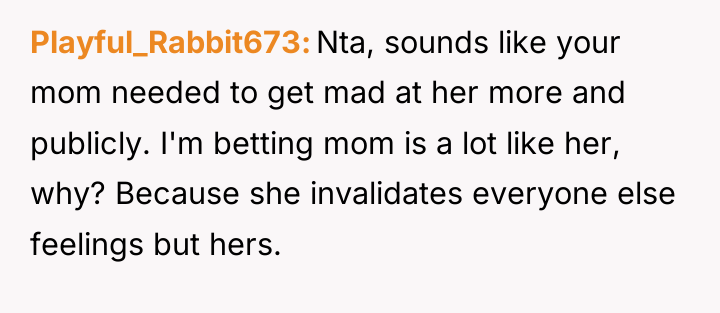 Playful_Rabbit673 Nta, sounds like your mom needed to get mad...