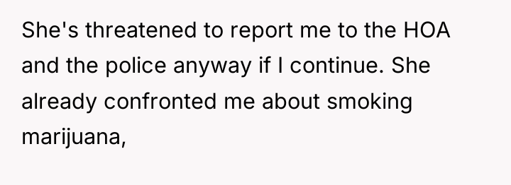 She's threatened to report me to the HOA and the...