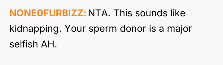 NONE0FURBIZZ NTA. This sounds like kidnapping. Your sperm donor is...