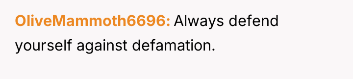 OliveMammoth6696 Always defend yourself against defamation.