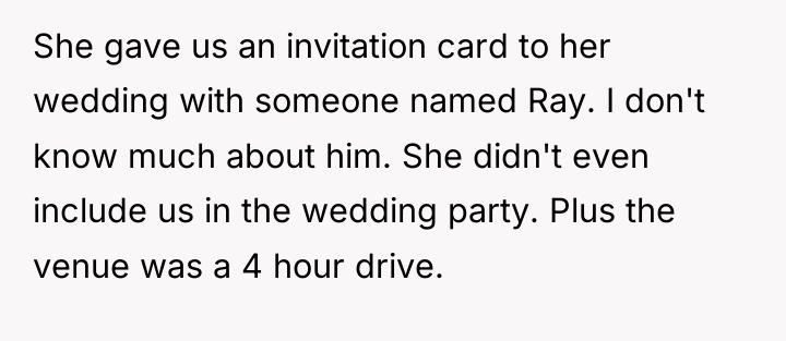 She gave us an invitation card to her wedding with...