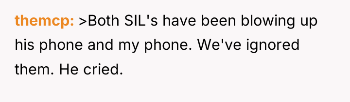 themcp >Both SIL's have been blowing up his phone and...