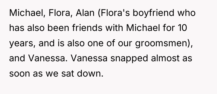 Michael, Flora, Alan (Flora's boyfriend who has also been friends...