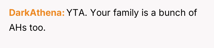 DarkAthena YTA. Your family is a bunch of AHs too.