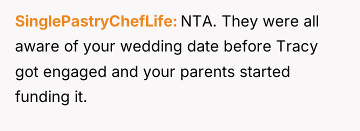 SinglePastryChefLife NTA. They were all aware of your wedding date...