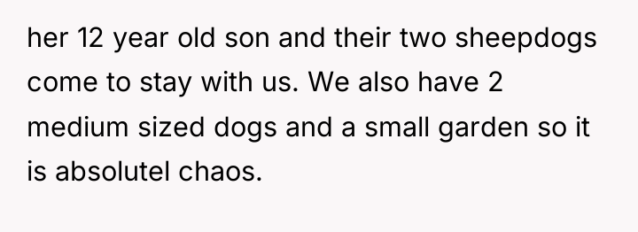 her 12 year old son and their two sheepdogs come...