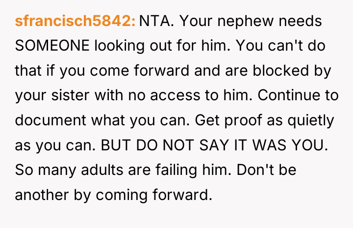 sfrancisch5842 NTA. Your nephew needs SOMEONE looking out for him....