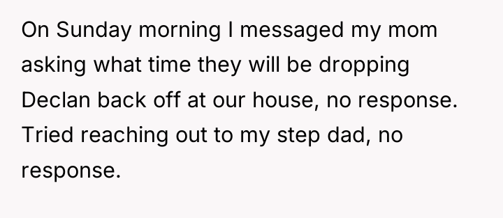 On Sunday morning I messaged my mom asking what time...