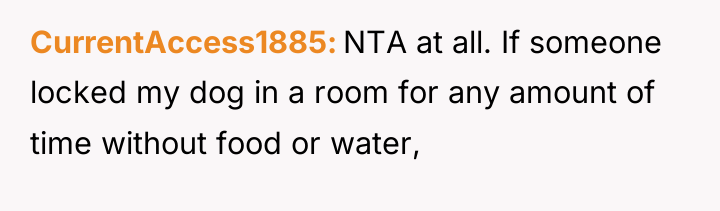 CurrentAccess1885 NTA at all. If someone locked my dog in...