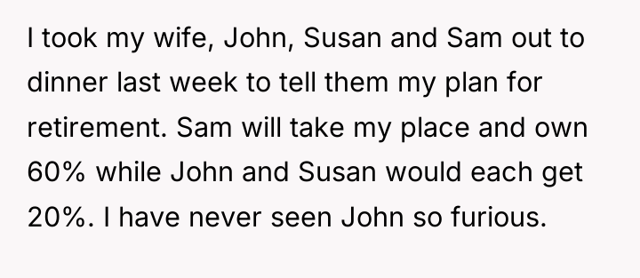 I took my wife, John, Susan and Sam out to...