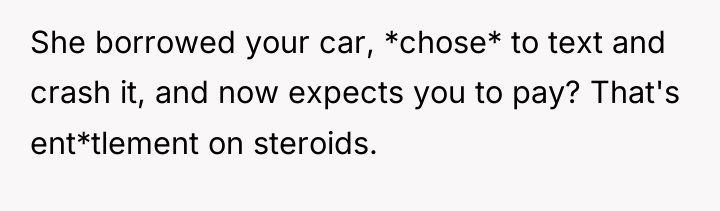 She borrowed your car, *chose* to text and crash it,...