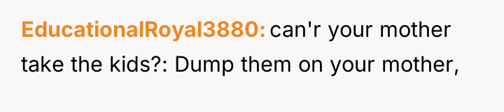 EducationalRoyal3880 can'r your mother take the kids?: Dump them on...
