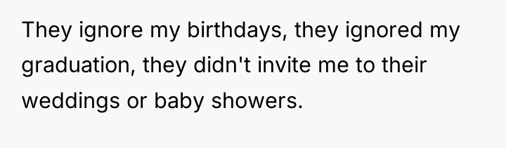 They ignore my birthdays, they ignored my graduation, they didn't...