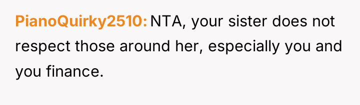 PianoQuirky2510 NTA, your sister does not respect those around her,...