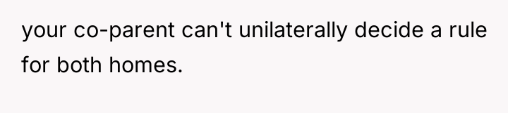 your co-parent can't unilaterally decide a rule for both homes.