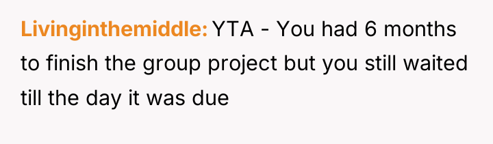 Livinginthemiddle YTA - You had 6 months to finish the...