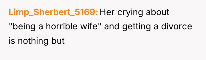 Limp_Sherbert_5169 Her crying about "being a horrible wife" and getting...