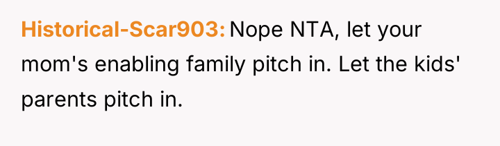Historical-Scar903 Nope NTA, let your mom's enabling family pitch in....
