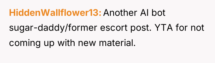 HiddenWallflower13 Another AI bot sugar-daddy/former escort post. YTA for not...
