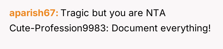 aparish67 Tragic but you are NTA Cute-Profession9983: Document everything!