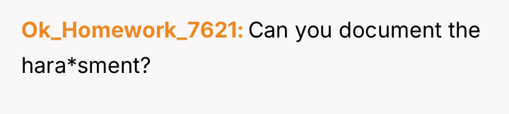 Ok_Homework_7621 Can you document the hara*sment?