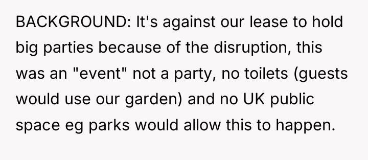 BACKGROUND: It's against our lease to hold big parties because...