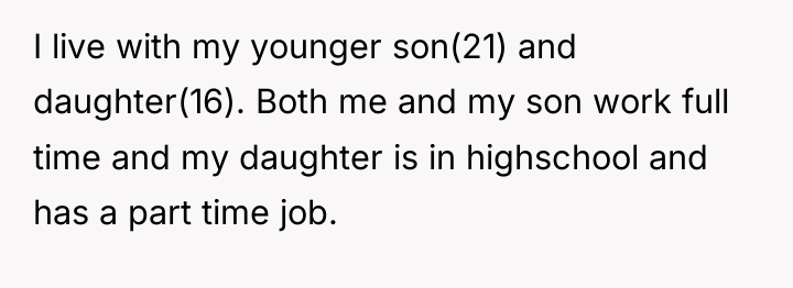 I live with my younger son(21) and daughter(16). Both me...