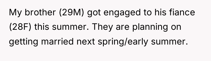 My brother (29M) got engaged to his fiance (28F) this...