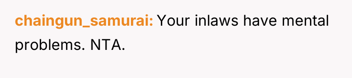 chaingun_samurai Your inlaws have mental problems. NTA.