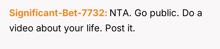 Significant-Bet-7732 NTA. Go public. Do a video about your life....