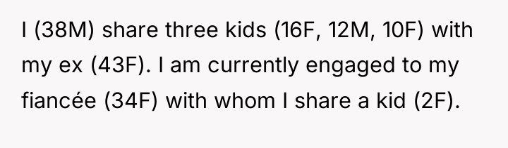 I (38M) share three kids (16F, 12M, 10F) with my...