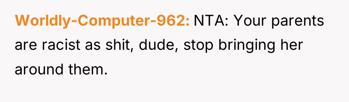 Worldly-Computer-962 NTA: Your parents are racist as shit, dude, stop...