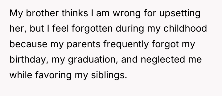My brother thinks I am wrong for upsetting her, but...