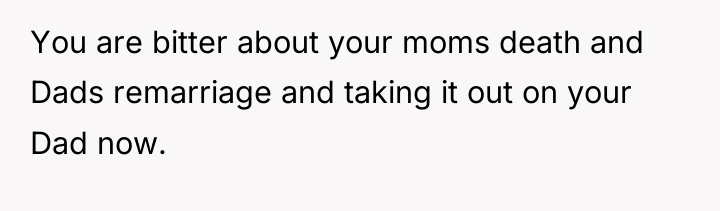 You are bitter about your moms death and Dads remarriage...