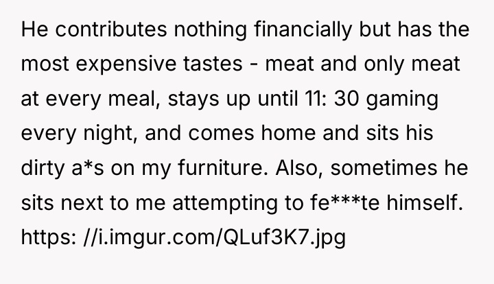 He contributes nothing financially but has the most expensive tastes...