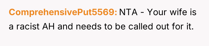 ComprehensivePut5569 NTA - Your wife is a racist AH and...