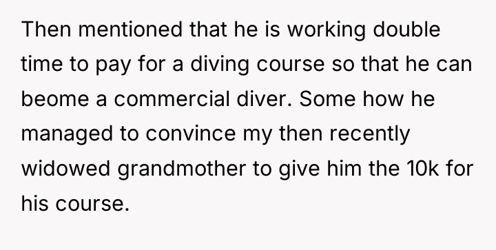 Then mentioned that he is working double time to pay...