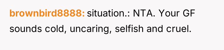 brownbird8888 situation.: NTA. Your GF sounds cold, uncaring, selfish and...