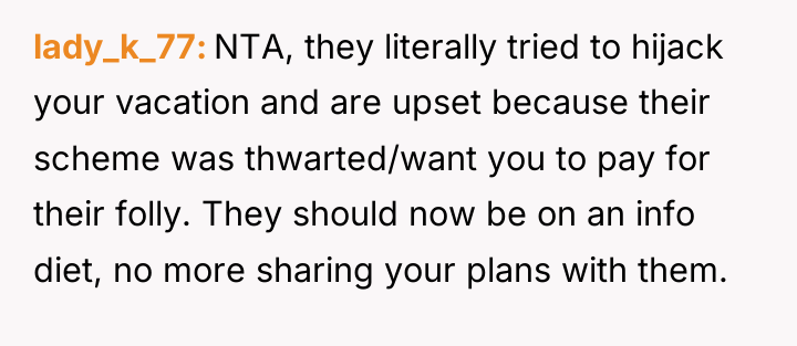 lady_k_77 NTA, they literally tried to hijack your vacation and...