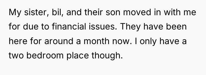 My sister, bil, and their son moved in with me...