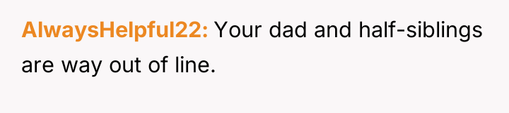 AlwaysHelpful22 Your dad and half-siblings are way out of line.