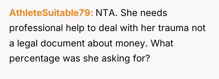 AthleteSuitable79 NTA. She needs professional help to deal with her...