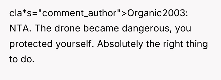 cla*s="comment_author">Organic2003: NTA. The drone became dangerous, you protected yourself. Absolutely...