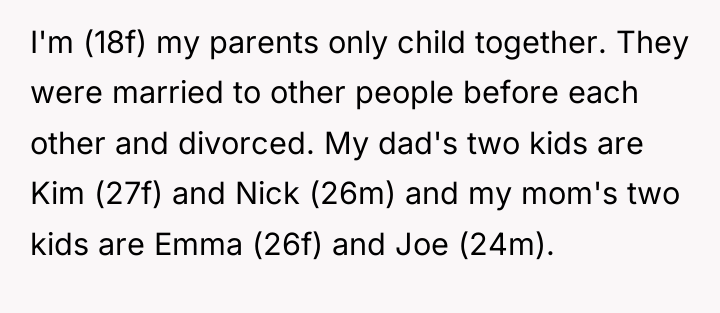 I'm (18f) my parents only child together. They were married...