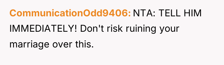 CommunicationOdd9406 NTA: TELL HIM IMMEDIATELY! Don't risk ruining your marriage...