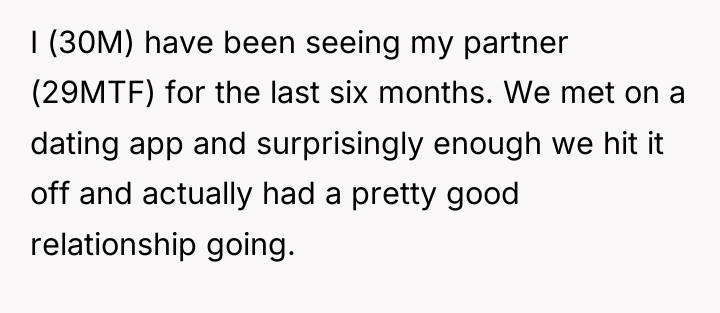 I (30M) have been seeing my partner (29MTF) for the...